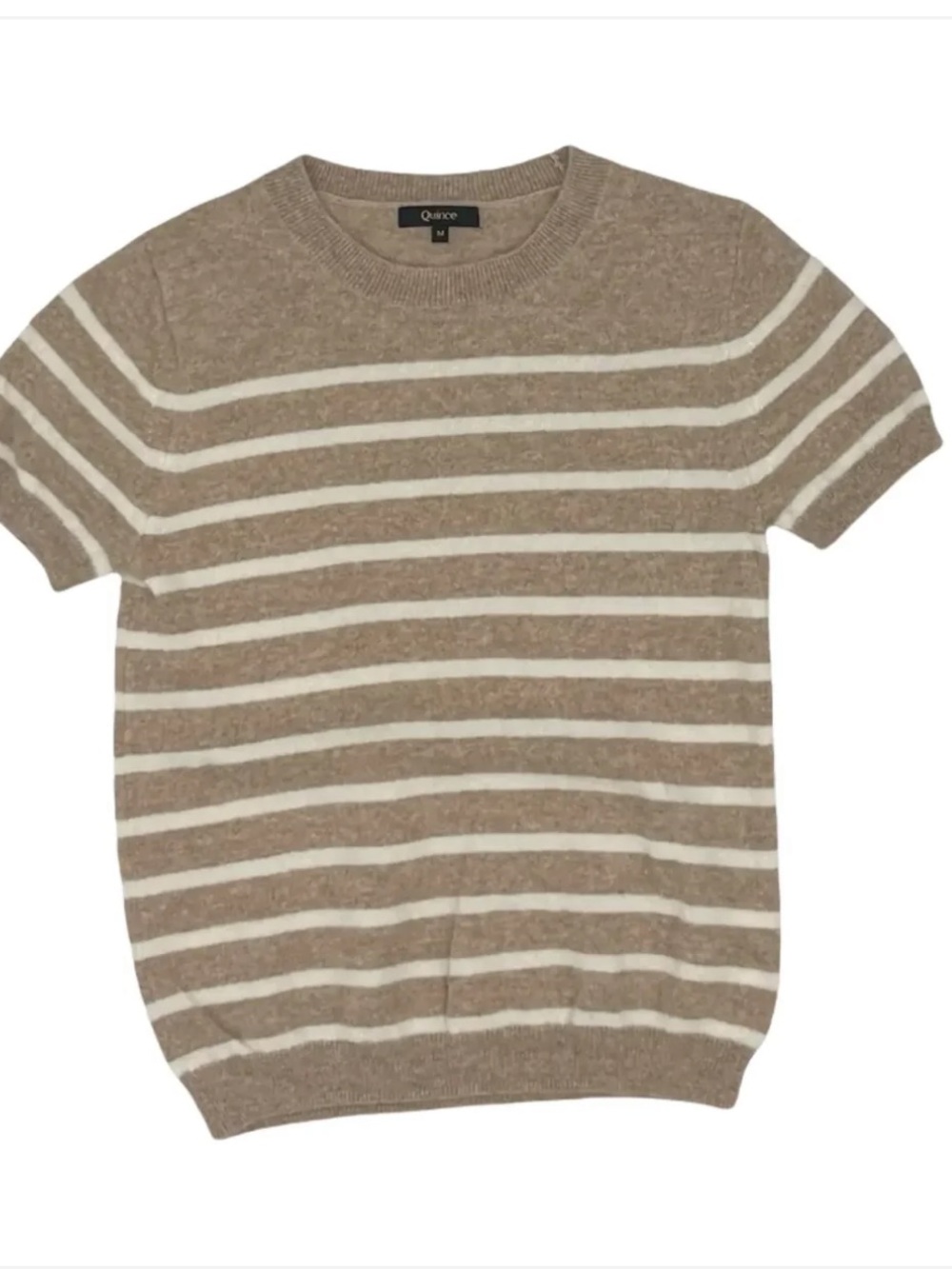 Quince 100% Mongolian Cashmere Short Sleeve Sweater Oatmeal Ivory Stripe Sz M